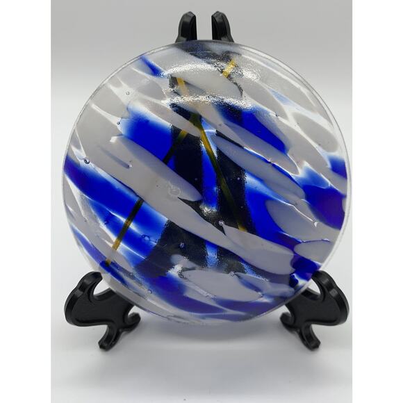 Cobalt Blue White Mottle Art Glass Trinket Dish Bowl 1” x 4" With Yellow Accent - Picture 3 of 9